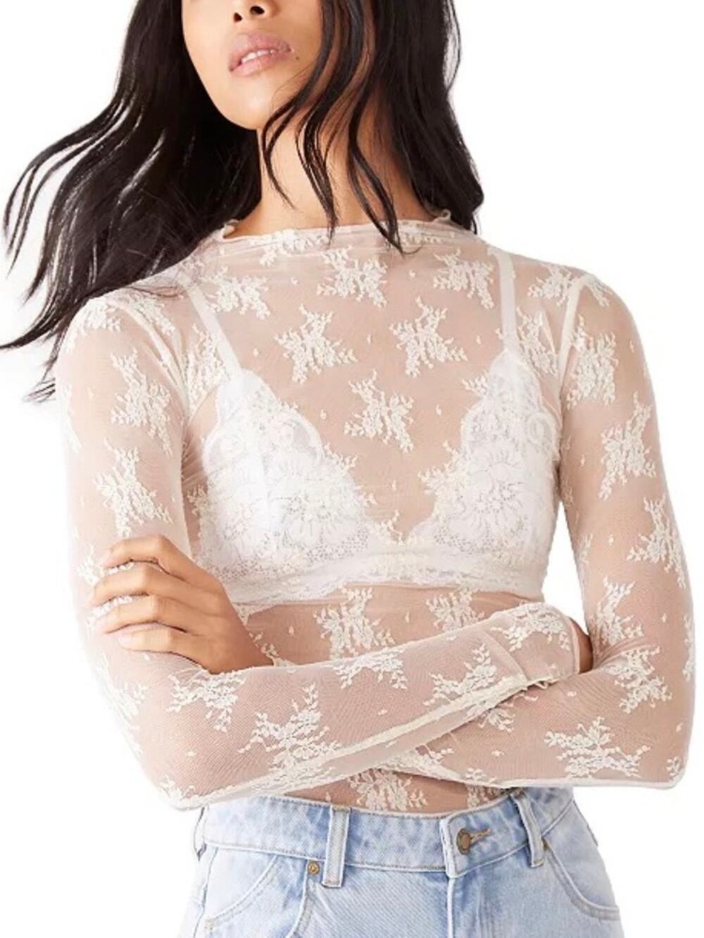 Free People Lady Lux Layering Top Ivory Floral Lace Sheer Long Sleeve Med Boho